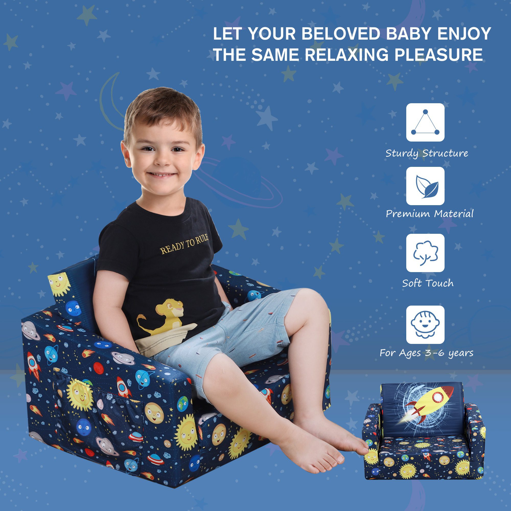 Kids Fold-Out Couch/Chair Lounger with Space-Themed Washable Fabric & Removable Cushion for 3-6 Years Old, Blue - Image 3