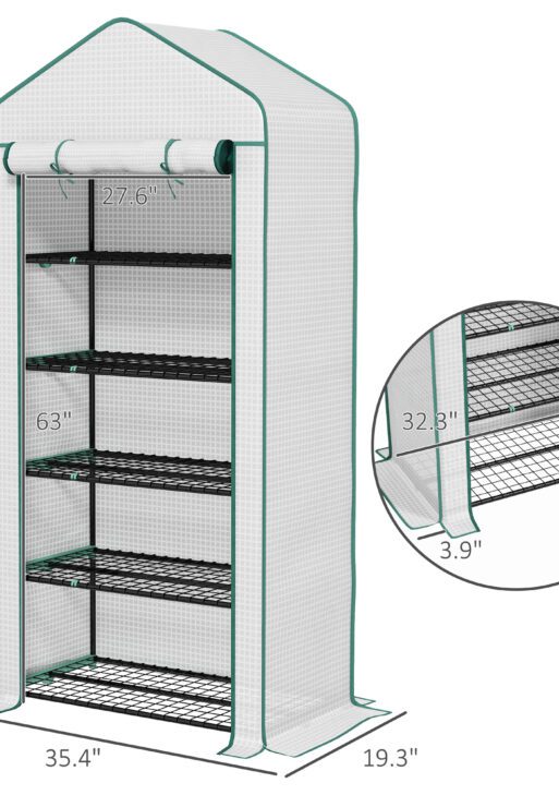 5 Tier Mini Greenhouse, Small Portable Greenhouse with PE Cover, Roll-Up Zippered Door, 76" x 35.4" x 19.3", White