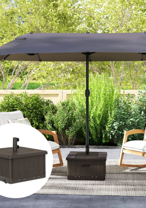 3-in-1 Outdoor Umbrella Base with Wheels and Handles, End Table, Flower Box Planter with Hole, 175 lbs. Capacity, Brown