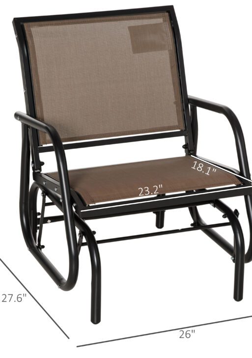 Porch Glider, Metal Frame Swing Glider Chair with Breathable Mesh Fabric, Curved Armrests and Steel Frame for Garden, Poolside, Backyard, Balcony, Brown