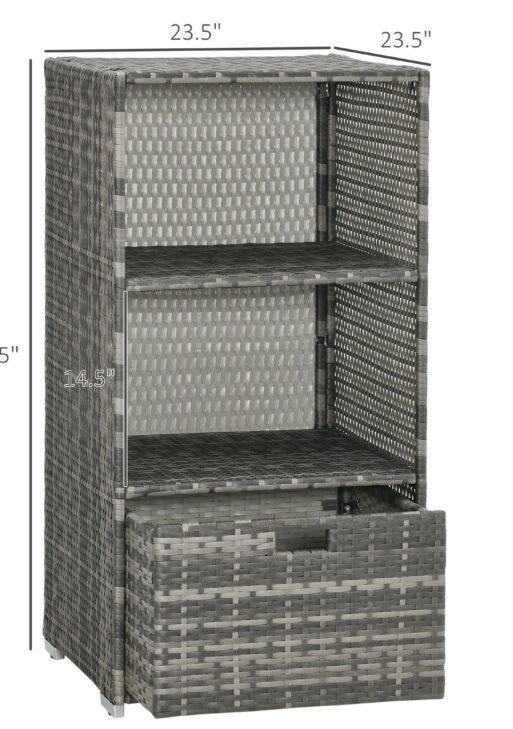 Valet Pool Towel Rack, Waterproof PE Plastic Rattan Wicker Storage Organizer, Indoor Outdoor Spa, and Hot Tub Accessory Storage, 2 Shelves, 1 Basket Drawer, Gray