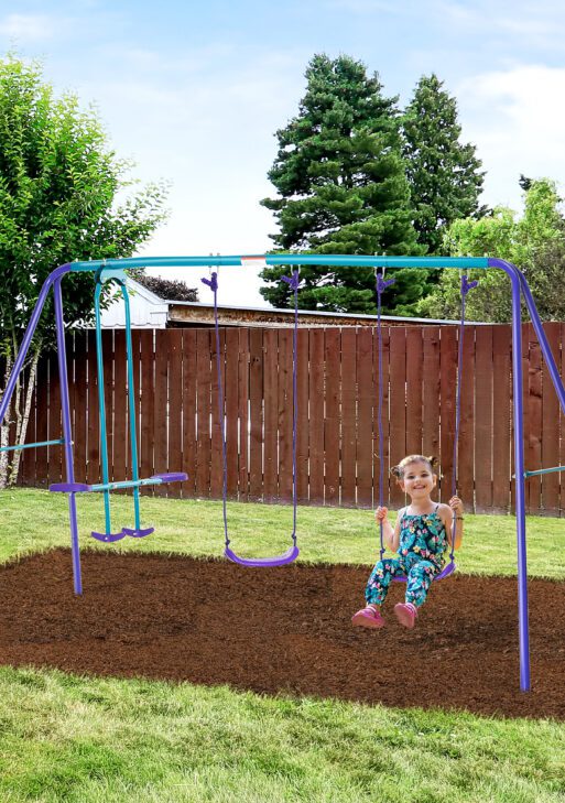 Metal Swing Set with Glider, Two S Seats and Adjustable Height, Outdoor Heavy Duty A-Frame Kids Playset Suitable for Playground, Backyard, Purple