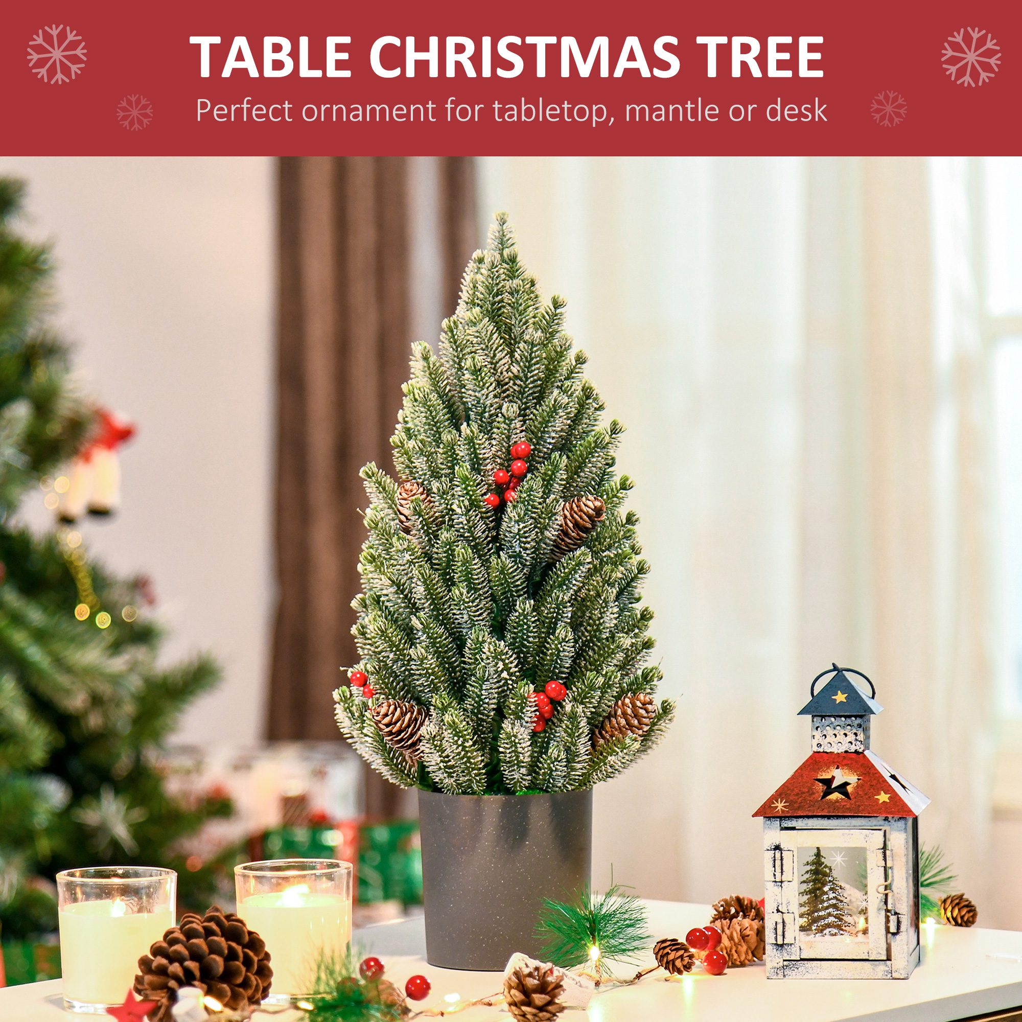 18" Tall Unlit Miniature Snow-Flocked Tabletop Artificial Christmas Tree, Holiday Decoration with Pine Cones and Berries - Image 4