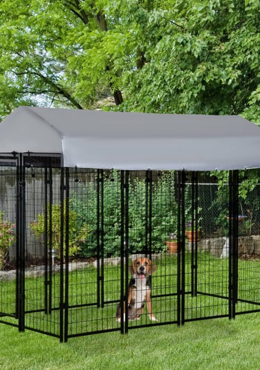 Outdoor Dog Kennel with Roof, 8' x 4' x 6' Heavy Duty Welded Wire Dog Playpen Enclosure with Escape-proof Lock, UV-Resistant & Waterproof Cover, for Large Dogs, Silver