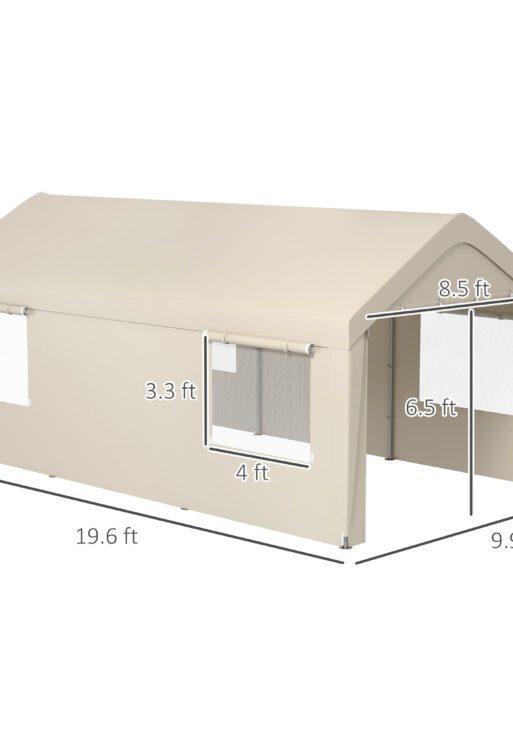 10' x 20' Carport, Heavy Duty Portable Garage, with 4 Mesh Windows and 2 Doors, Tan