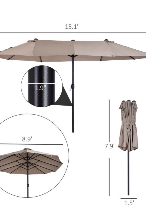 Patio Umbrella 15ft Double-Sided Outdoor Market Extra Large Umbrella with Crank Handle for Deck, Lawn, Backyard and Pool, Tan