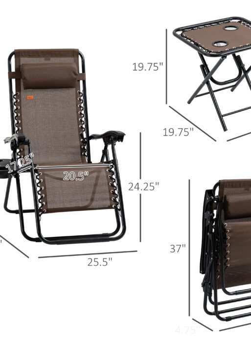 Zero Gravity Chair Set with Side Table, Folding Reclining Chair with Cupholders & Pillows, Adjustable Lounge Chairs for Pool, Backyard, Lawn, Beach, Brown