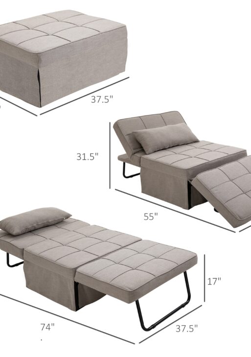 4-In-1 Design Convertible Sofa Tea Table Lounge Chair Single Bed with 5-Level Adjustable Backrest, Footstool and Metal Frame for Living Room Bedroom, Light Brown