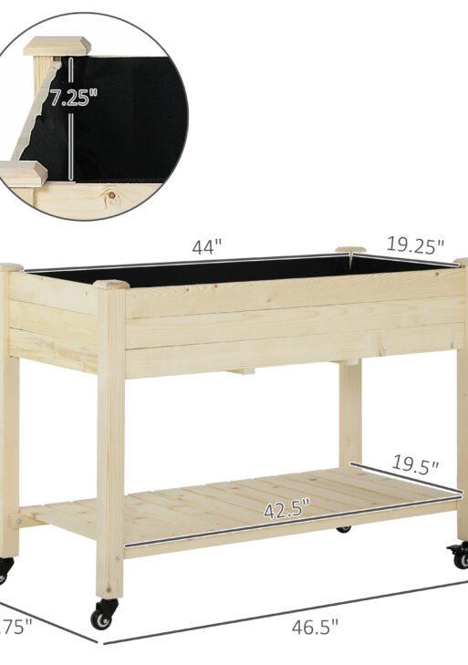 Raised Garden Bed, 47" x 22" x 33", Elevated Wooden Planter Box w/ Lockable Wheels, Storage Shelf, and Bed Liner for Backyard, Patio, Natural