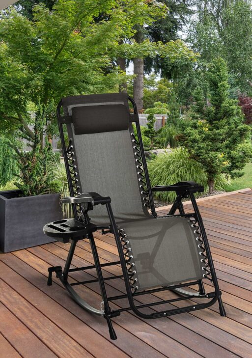 Outdoor Rocking Chairs, Foldable Reclining Zero Gravity Lounge Rocker with Pillow, Cup & Phone Holder, Combo Design with Folding Legs, Gray