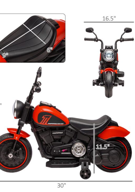 6V Kids Motorcycle w/ Training Wheels, Single-Button Start, Red