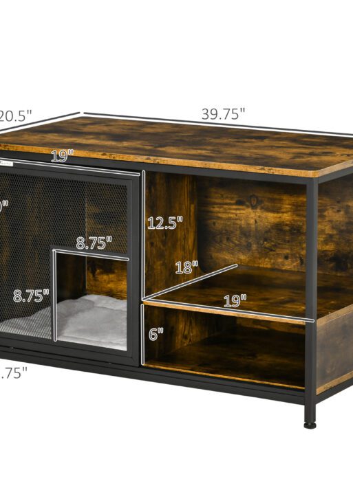 Wooden Cat Crate, Furniture Style Dog Cage, Puppy Kennel Indoor, End Table Pet House with Cushion and Sliding Doors, Rustic Brown