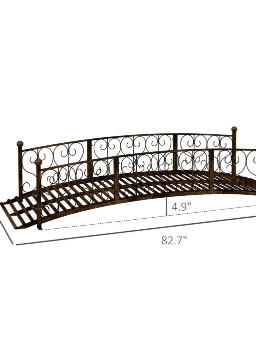 7' Metal Arch Garden Bridge Arc Footbridge with Side Railings Decorative Scrollwork, Bronze