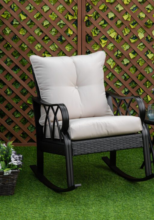 Outdoor Wicker Rocking Chair with Padded Cushions, Aluminum Furniture Rattan Porch Rocker Chair w/ Armrest for Garden, Patio, and Backyard, Khaki
