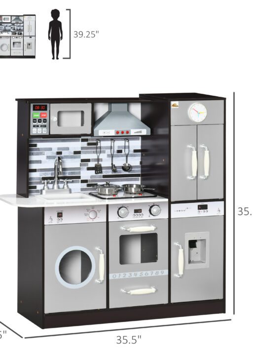 Wooden Play Kitchen with Lights Sounds, Kids Kitchen Playset with Washing Machine, Water Dispenser, Microwave, Range Hood, Refrigerator, Utensils, Gift for 3-6 Years Old