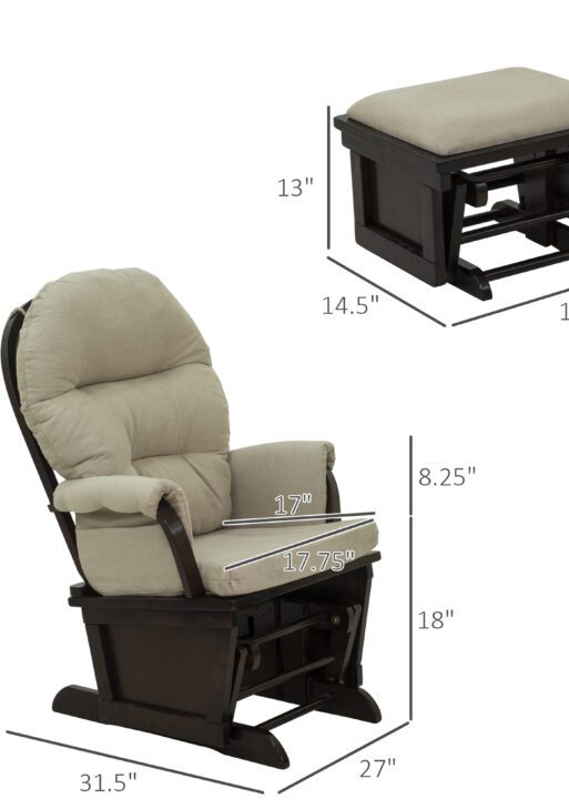 Nursery Glider Rocking Chair with Ottoman, Thick Padded Cushion Seating and Wood Base, Cream White