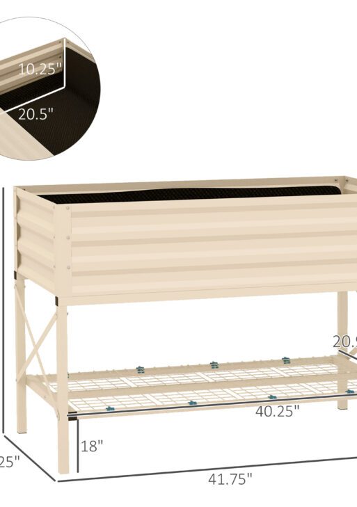 Galvanized Raised Garden Bed, Metal Planter Box with Legs, Storage Shelf and Bed Liner, Cream