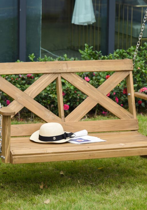 2 Person Porch Swing, Patio Swing, Outdoor Swing Bench with Pine Wood Frame and Hanging Chains for Garden and Yard, 550 lbs Weight Capacity, X Shaped Design, Natural