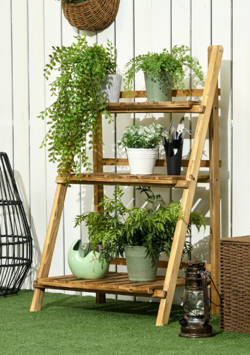 3-Tier Folding Plant Stand, 24" x 15" Wooden Indoor Plant Shelf Display Stand, for Corner Balcony Garden Patio