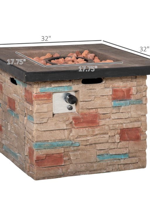 32 Inch Outdoor Propane Gas Fire Pit Table, 50,000 BTU Auto-Ignition Square Faux Ledge Stone Gas Firepit with Lava Rocks and Rain Cover, CSA Certification, Brown