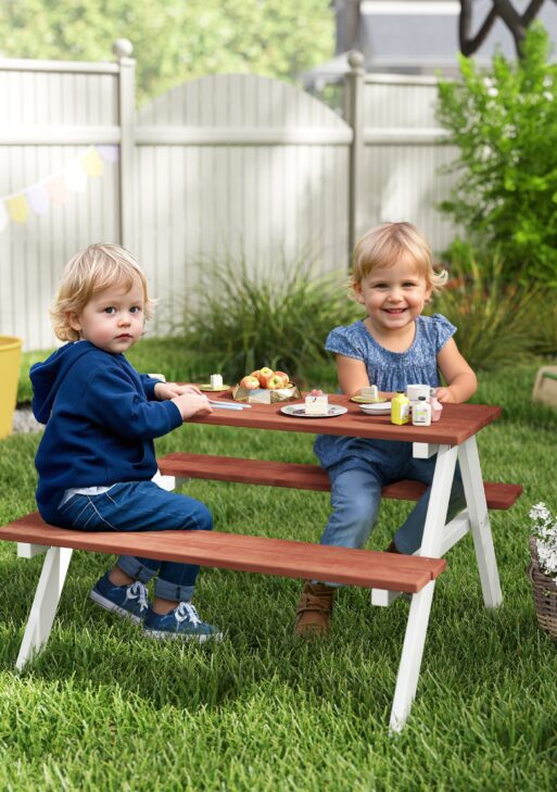 Kids Picnic Table Set, Wooden Table & Bench Set, Kids Patio Furniture Outdoor Toys for Garden, Backyard, Aged 3-8 Years Old, Brown