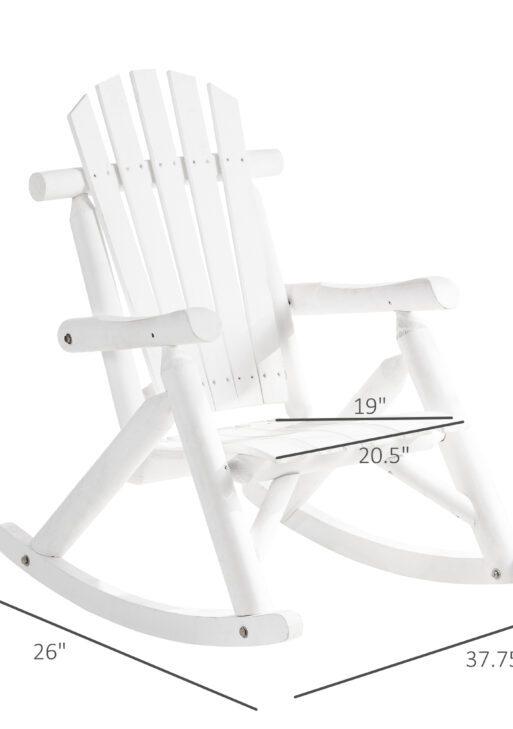 Outdoor Wooden Rocking Chair, Single-Person Adirondack Rocking Patio Chair with Rustic High Back, Slatted Seat and Backrest for Indoor, Backyard, Garden, White