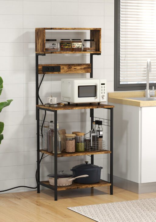 Kitchen Bakers Rack with Power Outlet, USB Charger, Microwave Stand, Coffee Bar with Adjustable Shelves, 5 Hooks for Spices, Pots and Pans, Rustic Brown