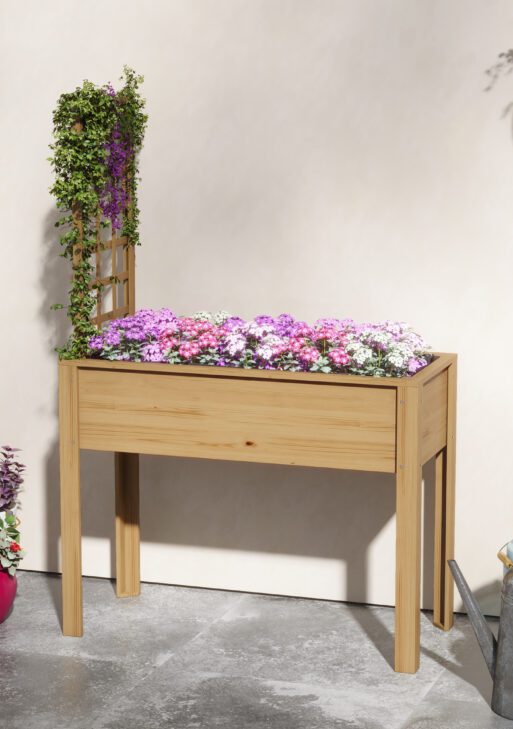 Elevated Wood Planter with Trellis for Climbing Plants, Raised Garden Bed with Legs, Drainage Holes & Filter Natural