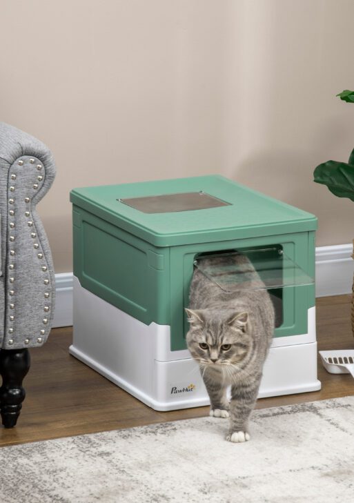 Fully Enclosed Cat Litter Box with Front Entry and Top Exit, Plastic, Green & White