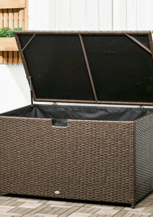 113 Gallon Outdoor Storage Box, Rattan Deck Box for Indoor, Patio Furniture Cushions, Pool Garden Tools, Brown