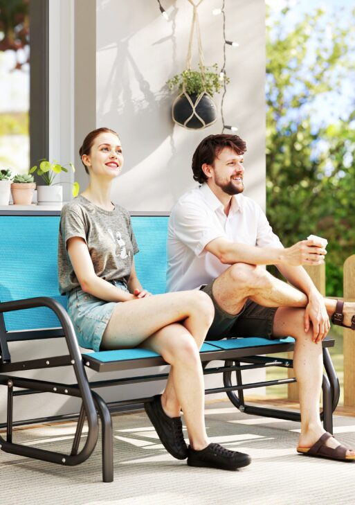2-Person Outdoor Glider Bench, Patio Double Swing Rocking Chair Loveseat w/Powder Coated Steel Frame for Backyard Garden Porch, Blue