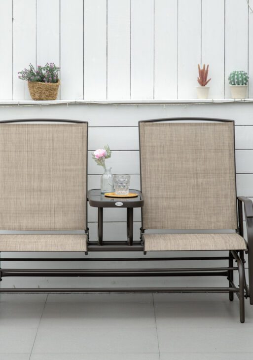 Outdoor Glider Bench with Center Table, Metal Frame Patio Loveseat with Breathable Mesh Fabric and Armrests for Backyard Garden Porch, Brown