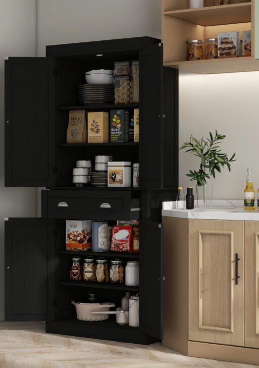 72.5" Kitchen Cabinet, Pantry Storage Cabinet with Doors and Shelves, Freestanding Food Pantry Cabinet, Black Wood Grain
