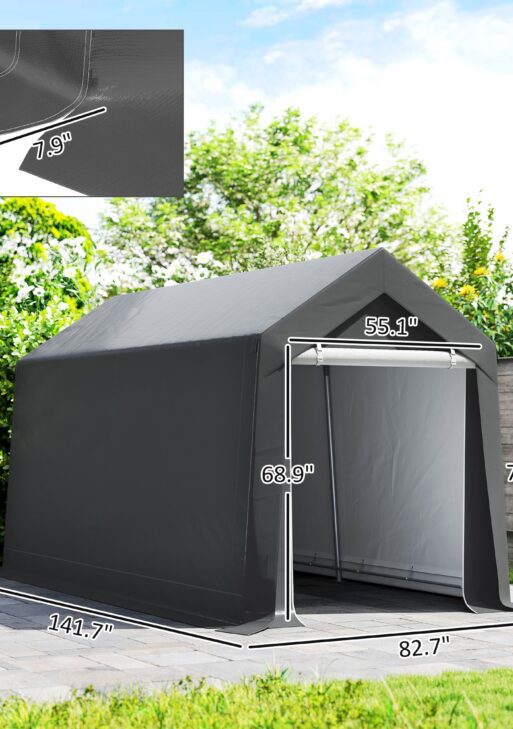 Galvanized 7' x 12' Outdoor Storage Tent, Heavy Duty and Waterproof Portable Shed for Bike, Motorcycle, Tools, Gray