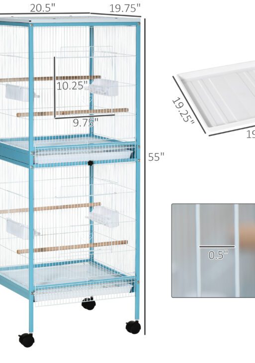 55" 2 In 1 Bird Cage Aviary Parakeet House for finches, budgies with Wheels, Light Blue