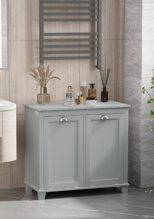Dual Tilt out Laundry Hamper Cabinet, Bathroom Storage Cabinet with 2-Compartment Hamper, Modern Bathroom Floor Cabinet for Washroom, Gray