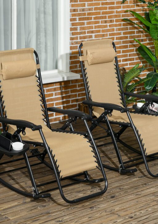 2 Outdoor Rocking Chairs Foldable Reclining Zero Gravity Lounge Rockers w/ Pillow Cup & Phone Holder, Beige