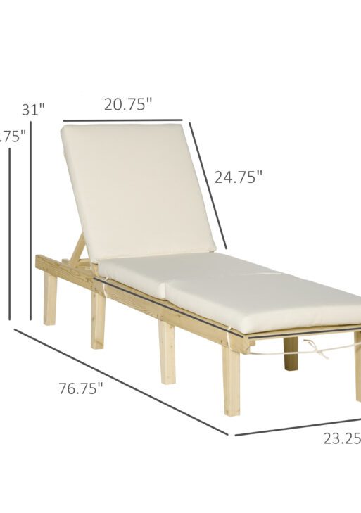 Chaise Lounge Chair for Outdoor, Wood Outdoor Chaise Lounge with 4-Position Adjustable Backrest and Cushion, Reclining Beach Lounge Chair for Deck, Pool, Lawn and Sunbathing, Natural