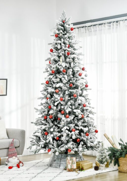 9 Foot Pine Snow Flocked Artificial Christmas Tree with 616 Realistic Cedar Branches, Auto Open, Home Holiday Decoration, Green