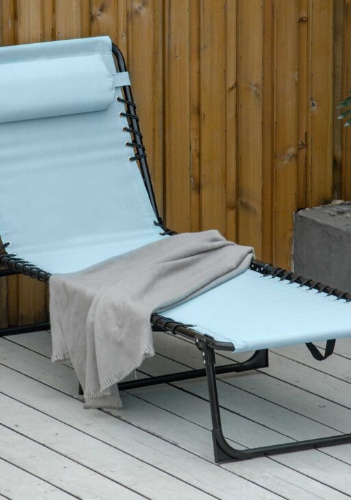 Folding Chaise Lounge Pool Chair with 4-Position Reclining Back, Pillow, Breathable Mesh & Bungee Seat, Baby Blue