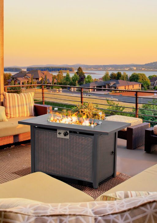 43 Inch Outdoor Propane Gas Fire Pit Table, 50,000 BTU Auto-Ignition Rectangular Wicker-effect Gas Firepit with Glass Wind Guard, Lid, Glass Beads, Steel Base, CSA Certification, Bronze