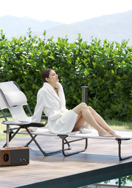 Folding Lounge Chair w/ Reclining Back, Cream White