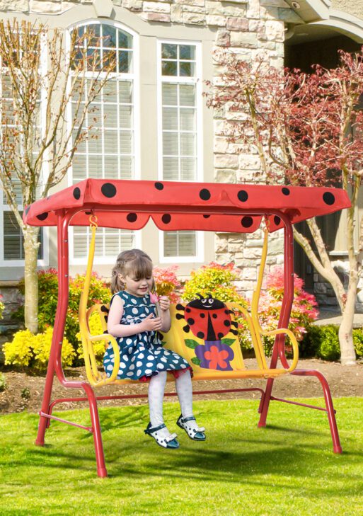 Porch Swing for Kids with Adjustable Canopy to Block Sun at Angles, Kids Swing Chair with Seatbelts, Ladybug Pattern, Gift for Kids Ages 3-6, Red
