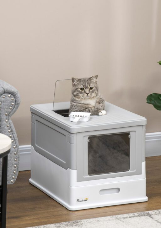 Fully Enclosed Cat Litter Box with Front Entry and Top Exit, Plastic, Gray & White