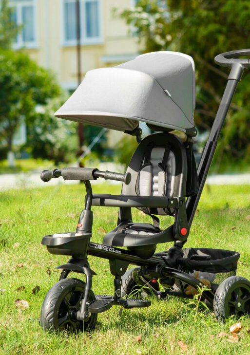 Kids Tricycle, 4 in 1 Foldable Trike with Reversible Seat, Adjustable Parent Handle, Safety Harness, Wheel Brakes, Removable Canopy, Storage, Tricycle for Toddlers 1-5 Years, Gray