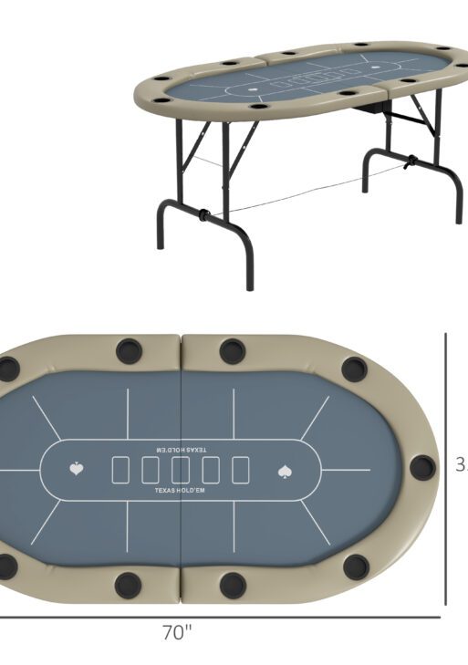 Foldable Poker Table Blackjack Texas Holdem Poker Game Table with Cup Holders, 70" Oval, Blue