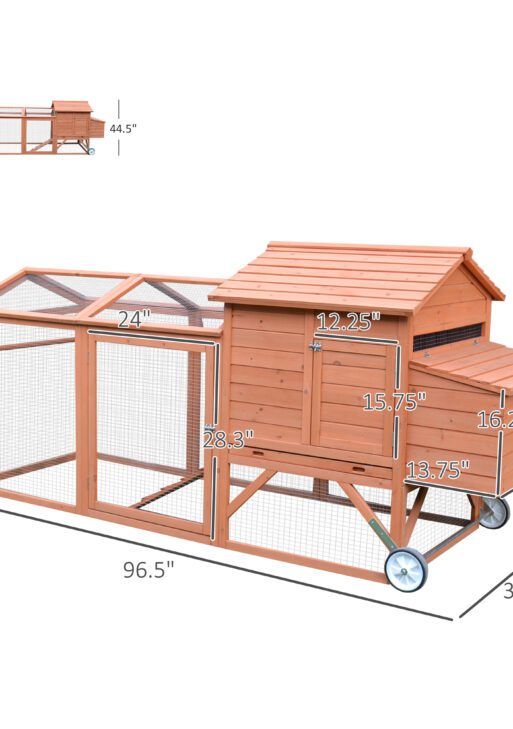 96.5" Chicken Coop Wooden Hen House Poultry Cage Pen Portable with Wheels and Nesting Box, Chicken Cage for Backyard Outdoor, Natural