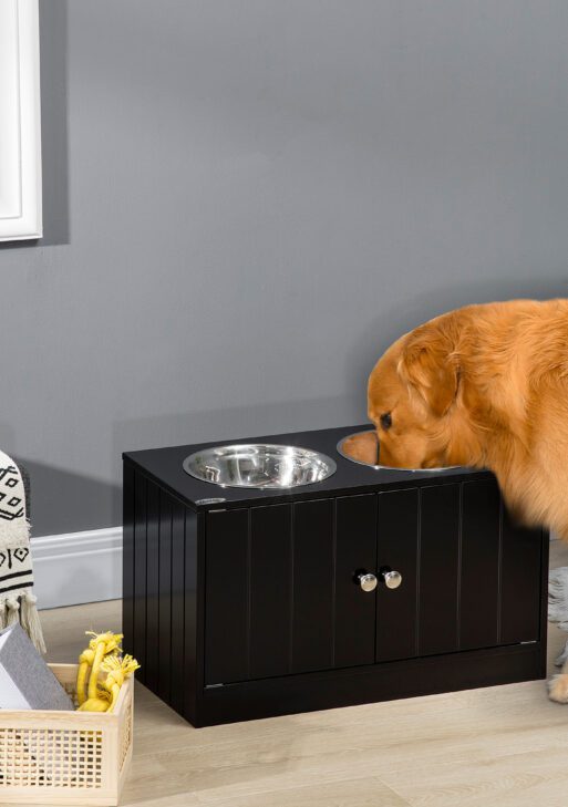 Large Elevated Dog Bowls with Storage Cabinet Containing Large 44L Capacity, Raised Dog Bowl Stand Pet Food Bowl Pet Feeding Station, Black