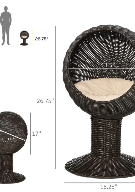 Elevated Cat Bed with Rotatable Egg Chair Pod, Cat Basket Bed with Thick Cushion, Natural Mat Grass Woven Kitty House, Coffee