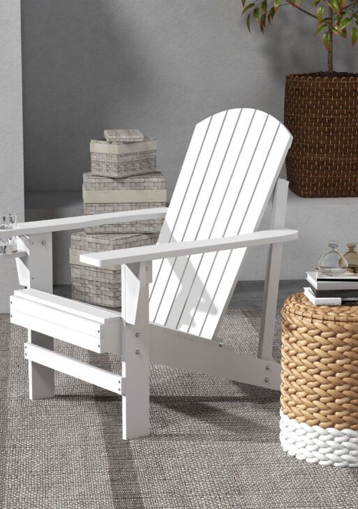 Oversized Adirondack Chair, Outdoor Fire Pit and Porch Seating, Classic Log Lounge w/ Built-in Cupholder, White